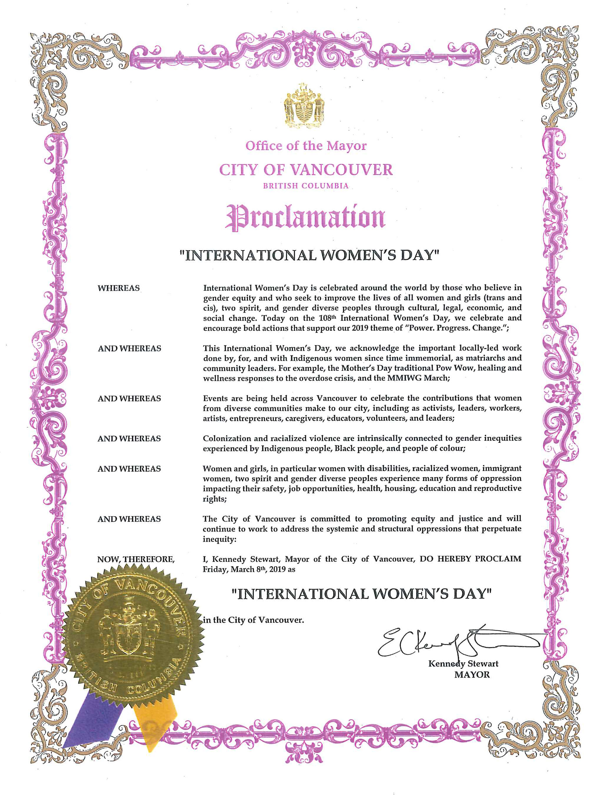 City of Vancouver | Mayor Kennedy Stewart | International Women's Day Proclamation March 2019