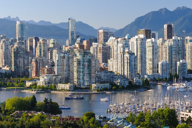 The City of Vancouver skyline showing false creek, downtown and the mountains