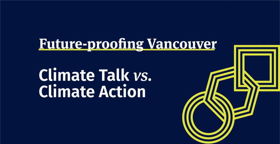 Header image for Future Proof Vancouver Climate Talk vs. Climate Action event with yellow and blue economic transformation lab symbol