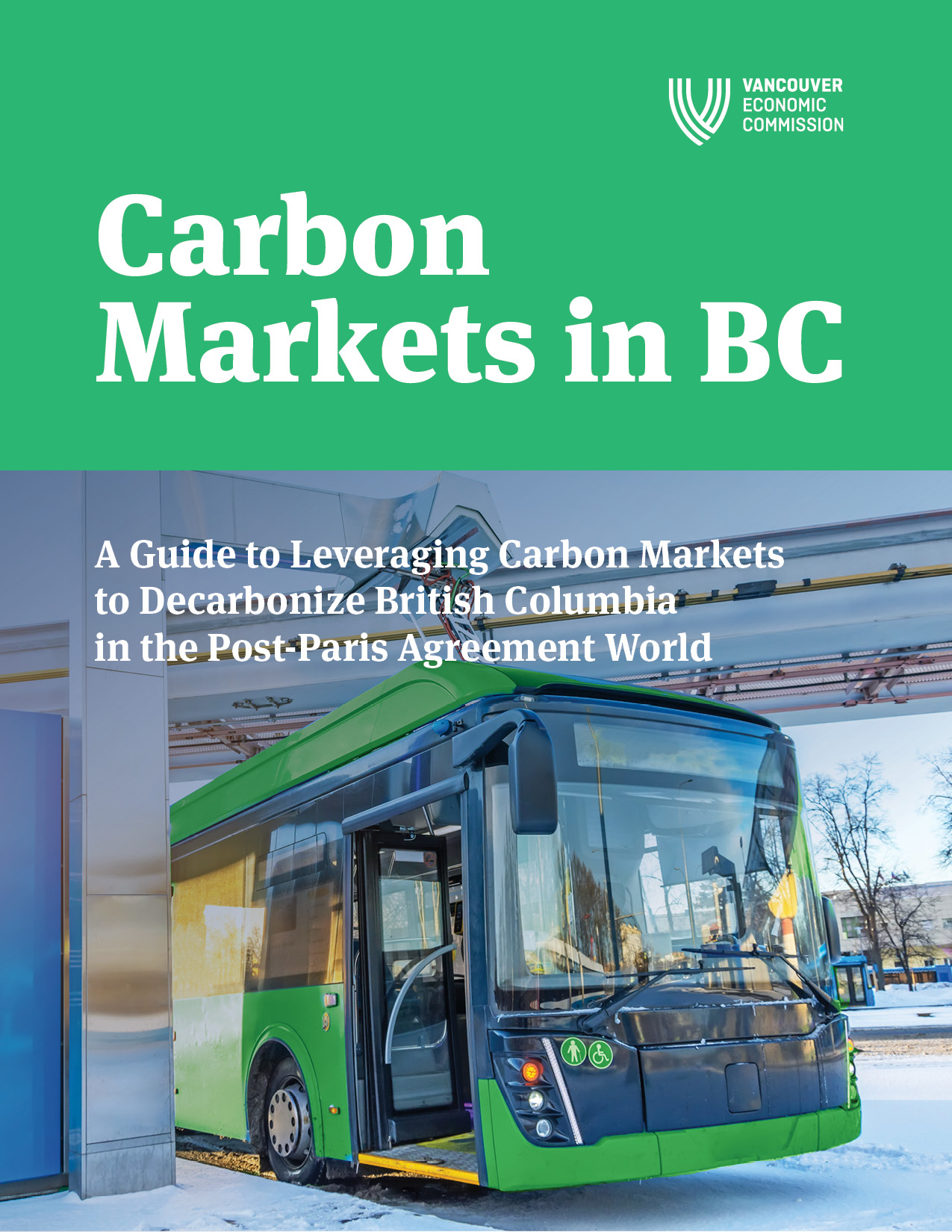 Report cover: What are carbon markets? An example of an electric bus being charged at a charging station