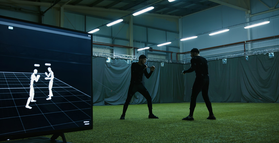 Photo of actors wearing motion capture suits for the VFX & Animation Industry in Vancouver